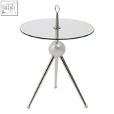 Oria clear glass side table with clear glass top and silver frame featuring slender chrome legs and spherical base