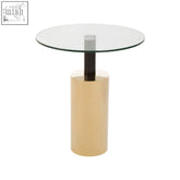 Oria clear glass top side table with gold base and black central column in a sleek cylindrical design