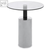 Modern round oria clear glass top side table with sleek chrome-finished silver base and black central column