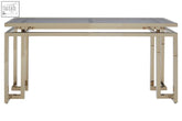 Modern gold-toned metal oria console table with sleek rectangular glass top and geometric frame design