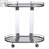 Clear acrylic oria drinks trolley with metallic frame and chrome wheels for easy serving and mobility