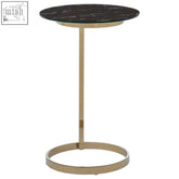 Oria end table with black marble effect glass top and gold-toned metal base with circular foot design
