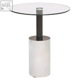 Oria end table with round glass top black stem and silver stainless steel base for modern living spaces