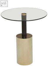 Oria end table with modern round glass top black column and polished brass warm metallic base