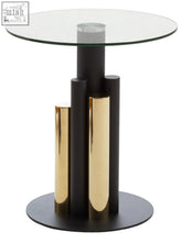 Modern round glass top side table with sleek black and gold metallic base from oria glass gold collection