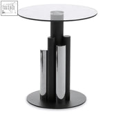 Modern oria glass silver side table with round glass top and sleek black chrome cylindrical base for stylish living
