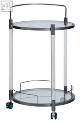 Modern oria round 2 tier drinks trolley with clear acrylic legs glass shelves and chrome frame for stylish tier drinks use