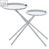 Set of two oria side tables with chrome x legs and clear glass tops perfect for contemporary living rooms