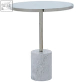 Modern oria silver frame end table with a sleek chrome pedestal and white marble base perfect as a stainless steel side table