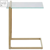 Oria warm metallic finish end table with gold metal c-shaped base and clear glass top for stylish living room use