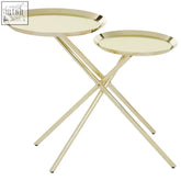 Oria warm metallic side table with gold finish metal, sleek circular tray top, and x-shaped base for stylish spaces