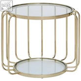 Oria warm metallic side table with gold-toned metal open cage base and two circular glass shelves for stylish storage