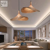 Two elegant light-brown woven pendant lights with a natural organic design from origan light hanging from the ceiling