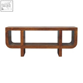 Modern wooden orion curved chestnut coffee table with warm brown finish and two open shelves for storage
