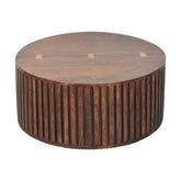 Rounded wooden orion slatted coffee table with vertical slats and brass hinges perfect for stylish living rooms