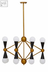 Orko brass and black metal pendant light with gold-toned geometric frame and black pendant shades with globe bulbs