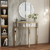 Ornate gold-framed demi lune console table with mirrored curved top and vertical mirror panels for living room entryway