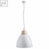 Oslo large white bell-shaped pendant light with white enamel shade, slender cord, and wooden accent at the top