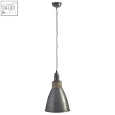 Industrial-style oslo pendant light with zinc finish and matte gray metal shade hanging from thin wire ceiling fixture