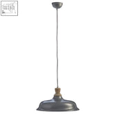 Oslo small pendant light in gray zinc finish with wooden accent at suspension point for industrial style lighting