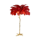 Red ostrich feather floor lamp with copper resin tree-like base perfect as bedside standing table light