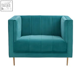 Teal velvet loveseat with tufted upholstery and slender wooden legs in the otylia green armchair style