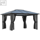 Black metal garden gazebo with aluminium frame dark gray curtains and blue-tinted hardtop roof for patio use