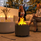 Outsunny dark grey smokeless wood burning firepit made of metal with high heat resistance and glowing orange flames inside