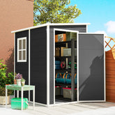 Black outsunny 4x5 garden shed with white trim open door shows lock included shelves and window for storage