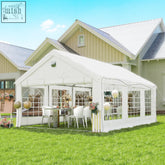 White fabric outsunny 6 x 4 m party tent with arched windows and galvanised steel frame for outdoor events