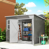 Gray outsunny 8.5 x 6ft galvanised steel storage shed with foundation kit and open white crossbuck doors showing tools inside