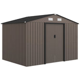 Brown galvanised steel outsunny garden shed with black roof lockable double doors and foundation kit for outdoor storage