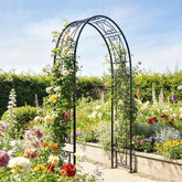 Black wrought iron outsunny garden arch with ornate scrollwork for climbing plants and wedding decoration