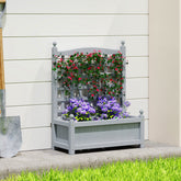 Gray wooden garden planter with lattice top and vibrant flowers featuring two leakage holes for outdoor climbing vines