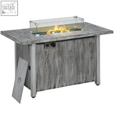 Gray wood-grain outsunny gas pit table with 50000 btu burner glass-enclosed flame and side control knobs