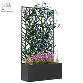 Black metal outsunny metal raised garden bed with intricate trellis and attached rectangular planter box for outdoor use