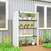 Outsunny mini greenhouse with white reinforced pe cover and green steel frame holding potted plants on four shelves