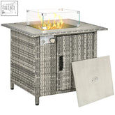 Gray woven wicker outsunny outdoor pe rattan fire pit table with glass windscreen rain cover and 50000 btu burner