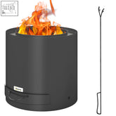 Outsunny outdoor round black fire pit with flame, pull-out ash tray, and metal fire poker tool beside it