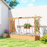 Light brown fir wood garden bed arbor with lattice sides planter box and hanging baskets for outdoor use