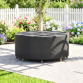 Dark gray round outdoor fire pit cover with quilted pattern and wooden legs made of 420d oxford furniture cover