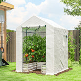 White outsunny small greenhouse with green metal frame, raised bed, and transparent mesh panels for easy gardening