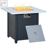 Outsunny black wicker propane pit table with white square top, silver knobs, lava rocks, and active flame outdoor heater