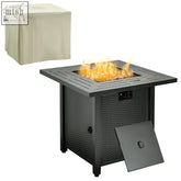 Black wicker Outsunny square propane gas fire pit table with lava rocks and beige cover for outdoor heating