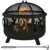 Outsunny steel black metal fire pit bbq with flame cutouts mesh lid three legs and poker for food safely grilling