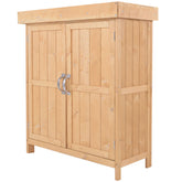 Light-colored burlywood wooden garden storage shed with double doors metal handle and hinged roof for outdoor use