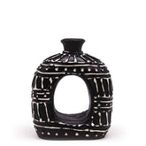 Black ceramic oval donut shaped vase with white geometric patterns and a central oval opening 18cm tall