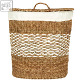 Oval multi seagrass basket laundry hamper with white fabric lining and matching handle in natural woven material