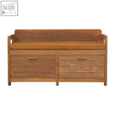 Oxford oak-ish drawer storage bench with light brown solid mango wood, cushioned seat, and brass handles in linen