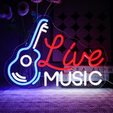 OYCGZV live music neon sign shaped like a glowing guitar with red and white script illuminated by blue and purple light